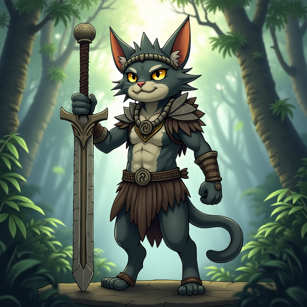 A prehistoric cat warrior standing in a dense jungle, holding a large stone-and-fish sword, wearing a bone crown, fish-scale armor, and face paint. The background is a lush, misty rainforest with ancient pet symbols carved into trees