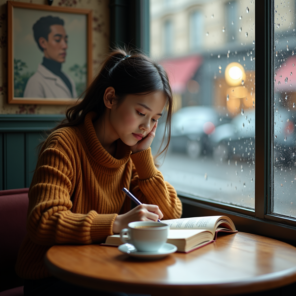 카페에서 커피 마시며 책 읽거나 노트에 글 쓰는 장면, 창밖 비 오는 풍경 추가.