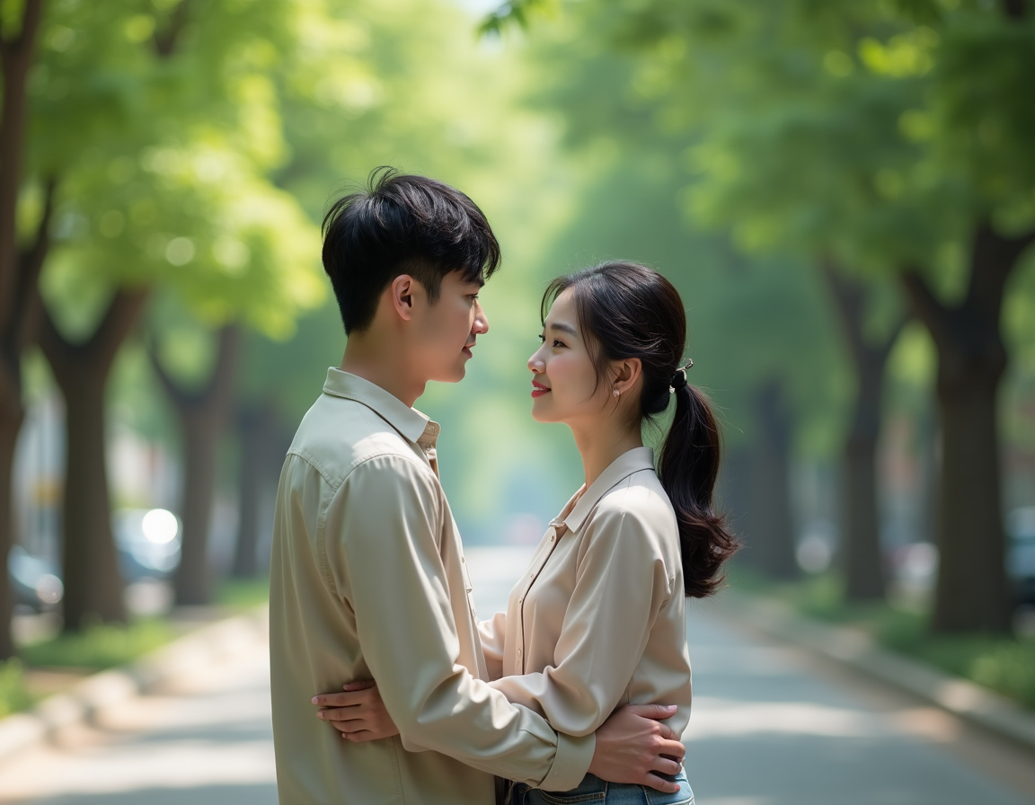 한국40대 부부의 다정한 모습. 남성은 단정한 짧은 헤어, 여성은 어깨 밑으로  내려오는 자연스러운 셋팅펌 하고 있고 여성스럽고 세련된 스타일의 옷을 입고 있다. 둘은 서로 마주보며 추억을 떠 올리는 듯 살며시 바라보고 있다. 주변 풍경은 여름날의 초록빛 나무들이 있는 가로수길, 사실적이고 고화질의 이미지.영화 스틸컷, 풍경을 중심으로 초점을 맞추고 사람은 먼거리 쵤영. 사이즈는 유튜브 영상용 가로 사이즈.
