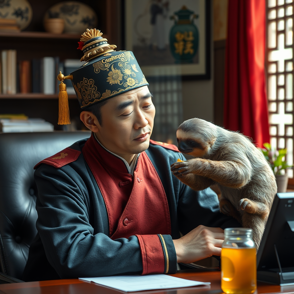 홍길동 복장을 한 이재명이 책상에 앉아 꿀 빠는 나무늘보를 한심하게 바라보는 모습