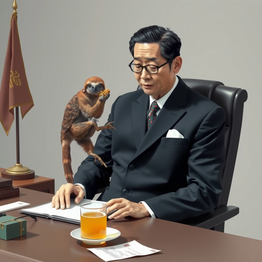 홍길동 복장을 한 이재명대통령이 책상에 앉아 꿀 빠는 나무늘보를 뒤에서 한심하게 바라보는 모습