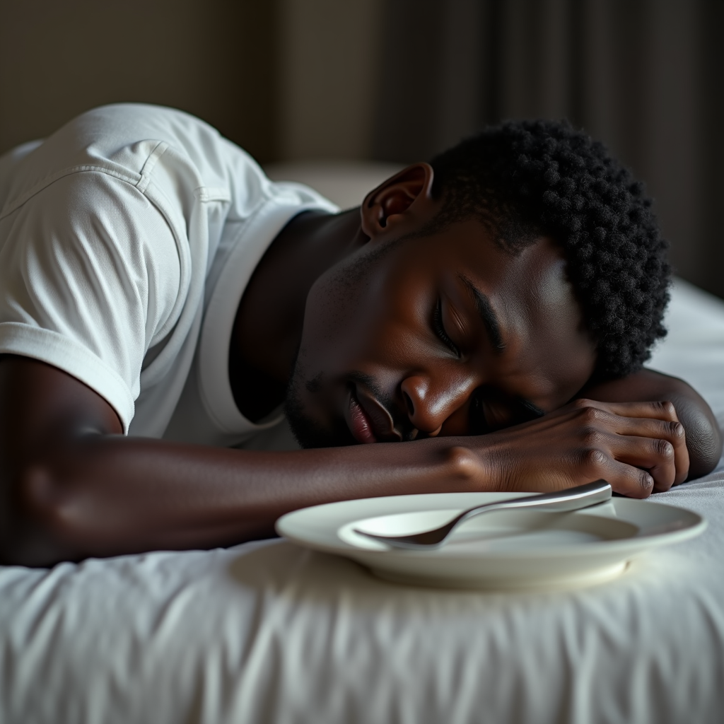 black male image sleeping in a white plate