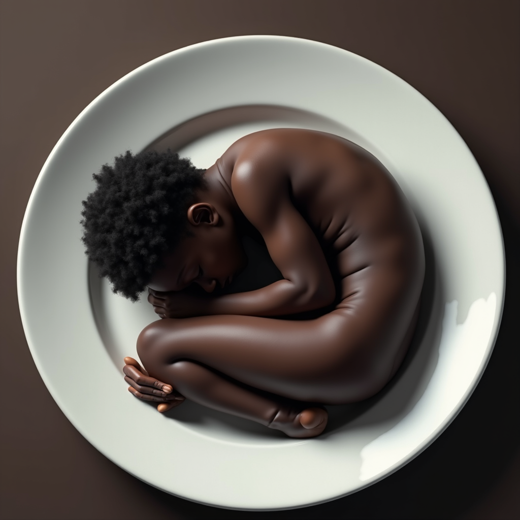 An image of a black male, curled up sleeping inside a white plate.