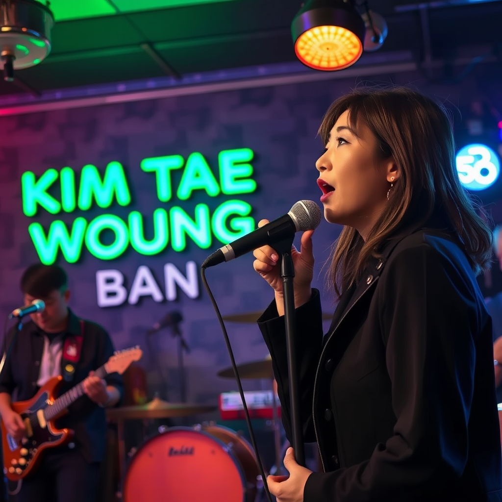 Kim Tae Woong Band is a rock band consisting of 4 men and 4 women, aged 55, from South Korea. On the wall of the stage nightclub, green letters clearly read ""Kim Tae Woong Band"" and a 45-year-old woman sings into the microphone.  Please take a close-up 