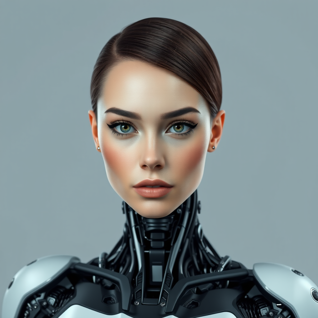 generate a hyperrealistic portrait of a woman with a robotic body, keeping the face and chest area similar to the detailed description.