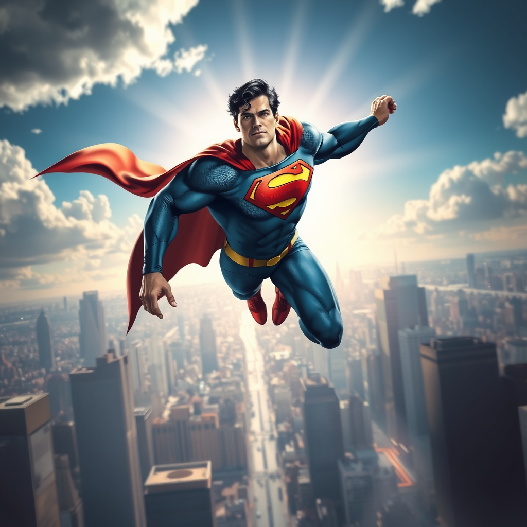 A hyperrealistic illustration of Superman flying through the sky with a cape flowing behind him, in a heroic pose, with a bright cityscape in the background.