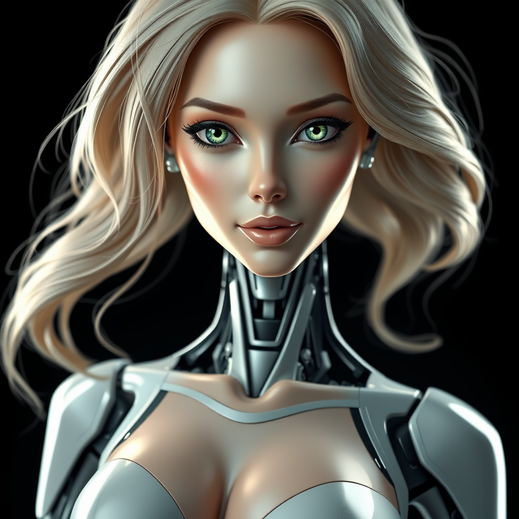 A hyperrealistic portrait of a sexy humanoid female robot with a sleek, futuristic design, featuring a flawless complexion, striking green eyes, and a subtle smile. The robot has long, blonde wavy hair, and a form-fitting, elegant outfit that accentuates 