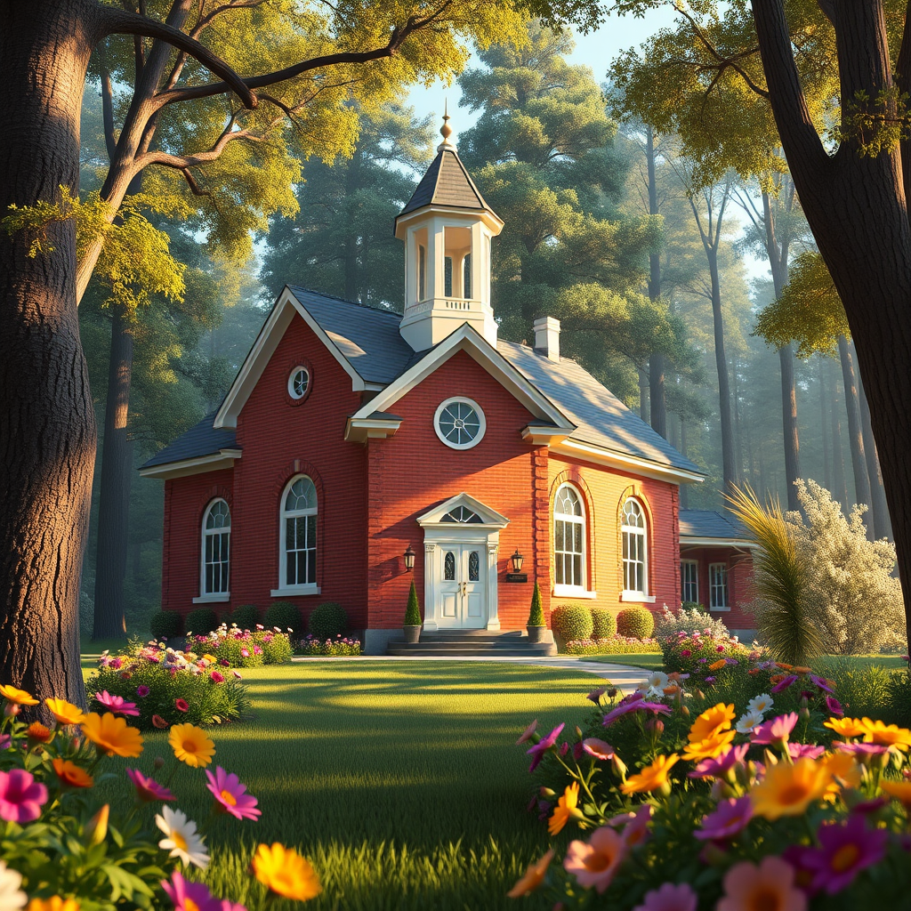 3D close-up of a beautiful red-brick schoolhouse nestled in the middle of a forest, with sunlight filtering through the trees and colorful flowers surrounding the building, rendered in an artistic style resembling an animated movie