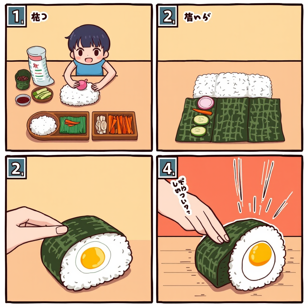 4컷 만화 스타일로 김밥 만드는 법 만화, 1컷: 주인공이 재료(밥, 김, 단무지, 오이, 당근, 계란)를 식탁 위에 놓는 모습, 2컷: 김 위에 밥을 고루 펴 바르는 모습, 3컷: 재료를 올리고 돌돌 말기, 4컷: 김밥을 썰고 맛있게 먹는 모습, 만화 스타일, 밝고 귀여운 캐릭터