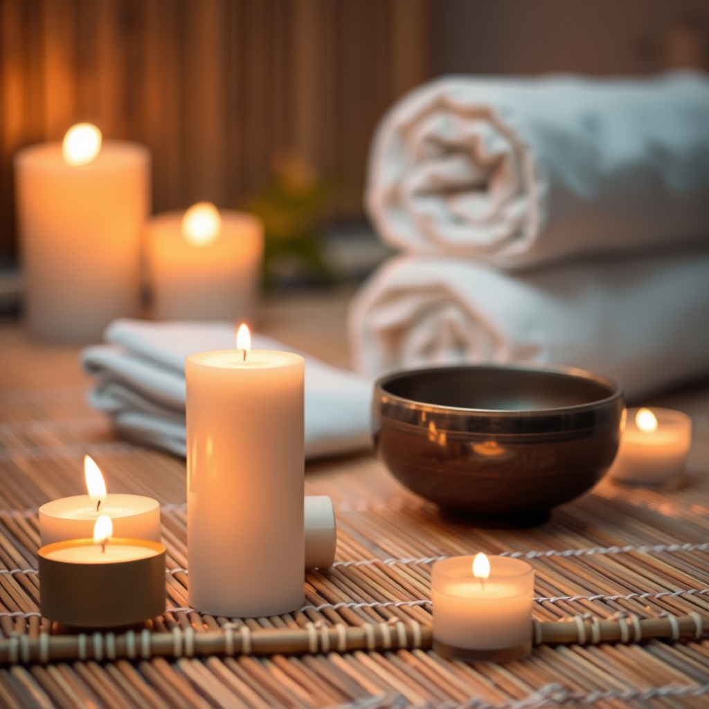 A peaceful spa setting with warm candlelight, aromatic bowls, on a bamboo mat. A rolled towel in the background creates a cozy ambiance. The scene is softly lit with warm tones and a blurred background,