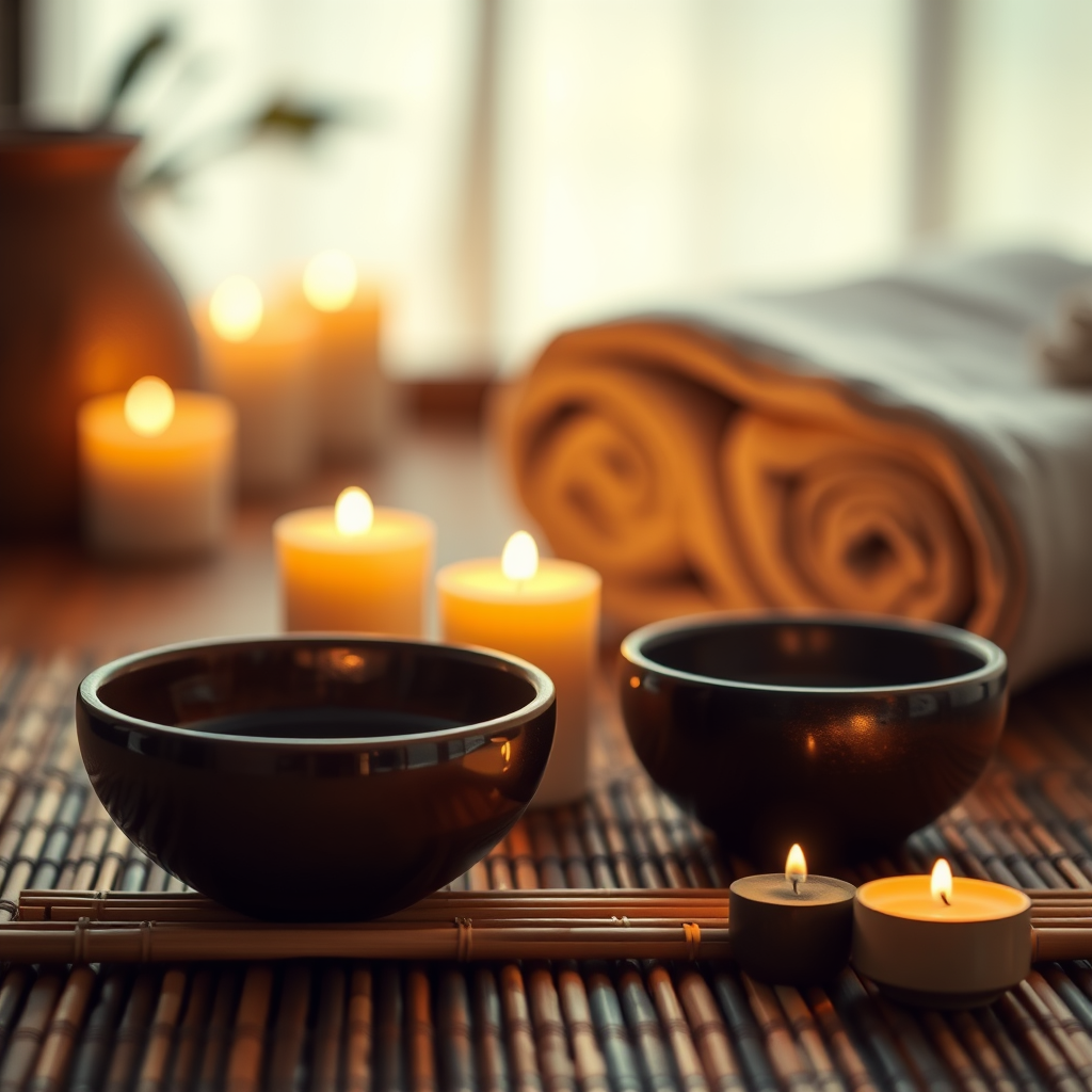 A peaceful spa setting with warm candlelight, aromatic bowls, on a bamboo mat. A rolled towel in the background creates a cozy ambiance. The scene is softly lit with warm tones and a blurred background,