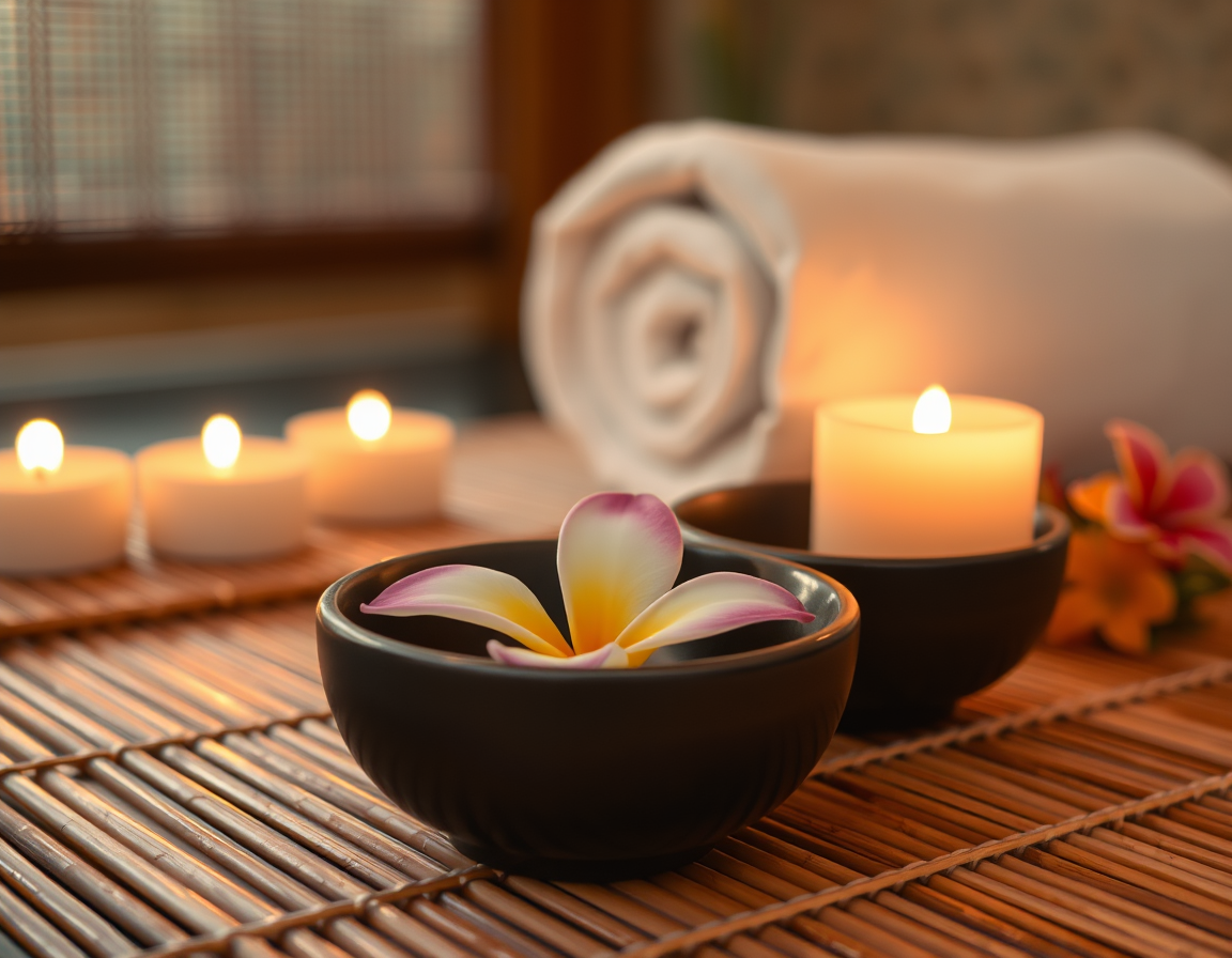 A peaceful spa setting with warm candlelight, aromatic bowls with plumeria flower, on a bamboo mat. A rolled towel in the background creates a cozy ambiance. The scene is softly lit with warm tones and a blurred background,