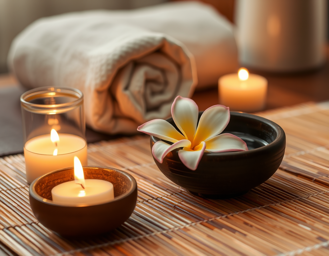 A peaceful spa setting with warm candlelight, aromatic bowls with plumeria flower, on a bamboo mat. A rolled towel in the background creates a cozy ambiance. The scene is softly lit with warm tones and a blurred background,