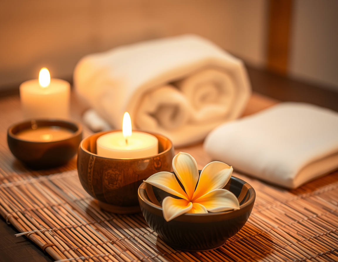 A peaceful spa setting with warm candlelight, aromatic bowls with plumeria flower, on a bamboo mat. A rolled towel in the background creates a cozy ambiance. The scene is softly lit with warm tones and a blurred background,