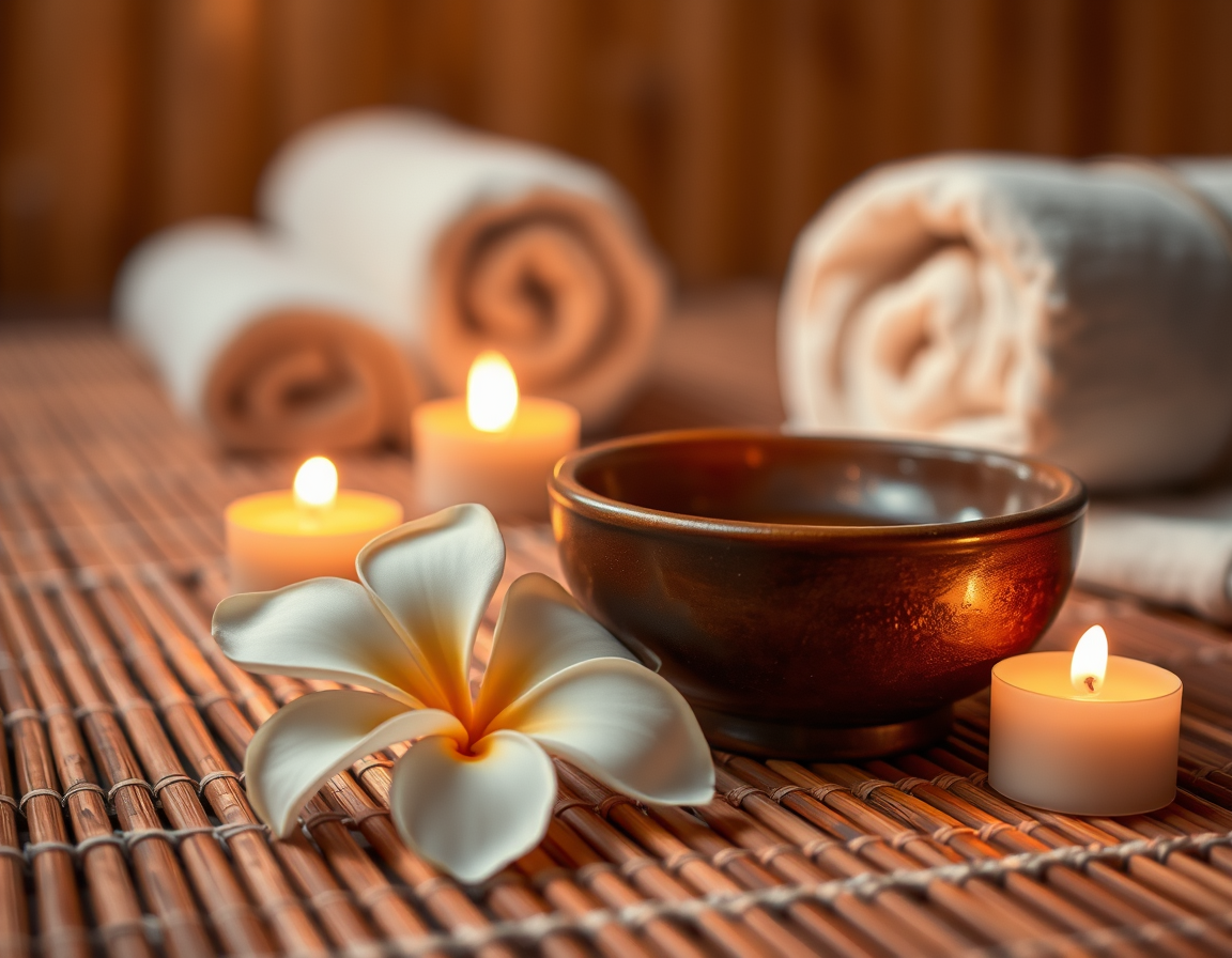 A peaceful spa setting with warm candlelight, aromatic bowls and plumeria flower, on a bamboo mat. A rolled towel in the background creates a cozy ambiance. The scene is softly lit with warm tones and a blurred background,