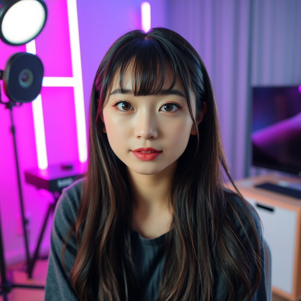 A 23-year-old Korean female with long, dark hair and bangs, sitting in a chair in a modern YouTube content creator home studio. She has black eyes, fair skin tone, and a pretty, idol-like appearance. The background features colorful LED lights, predominan