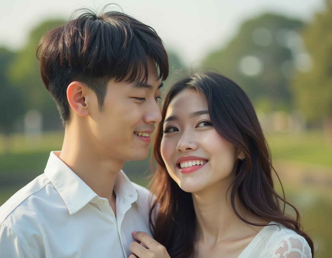 30대 한국인 신혼부부가 평화롭게 데이트하는 모습.남자는 머리가 짧고,깔끔한 스타일,여자는 긴머리에 예쁨