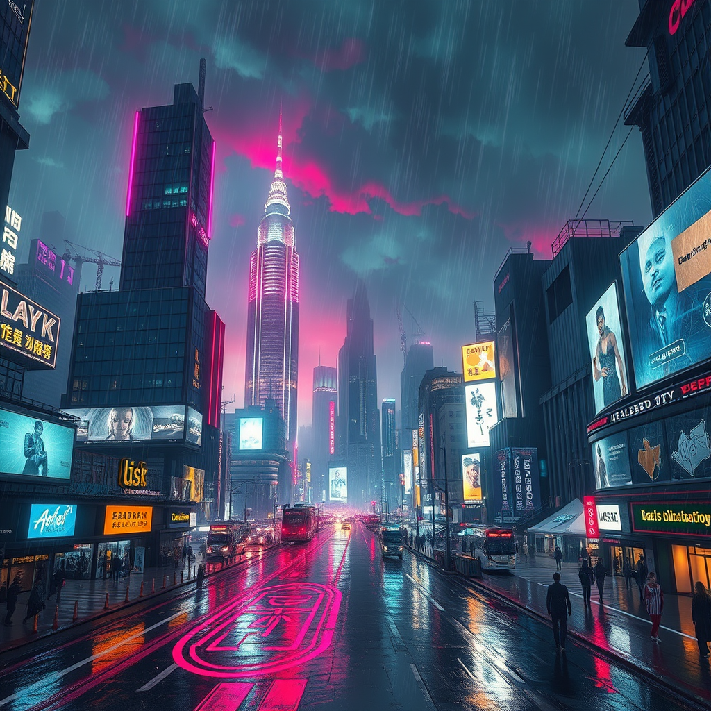 A cyberpunk cityscape at night with vibrant neon lights reflecting on wet streets, showcasing towering futuristic skyscrapers, bustling streets with holographic advertisements, and a moody, atmospheric sky filled with rain and mist, in a realistic style.