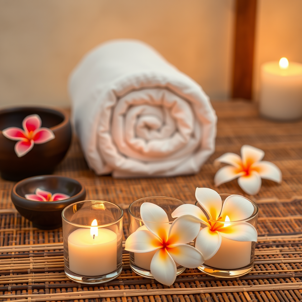 A peaceful spa setting with warm 3 glass case candlelight it's put firdt front ,aromatic bowls and 3 plumeria flower, on a bamboo mat.  A rolled towel in the background creates a cozy ambiance.  The scene is softly lit with warm tones