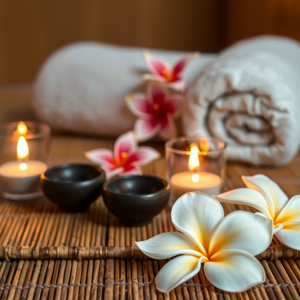 A peaceful spa setting with warm 3 glass case candlelight it's put firdt front ,aromatic bowls and 3 plumeria flower, on a bamboo mat.  A rolled towel in the background creates a cozy ambiance.  The scene is softly lit with warm tones