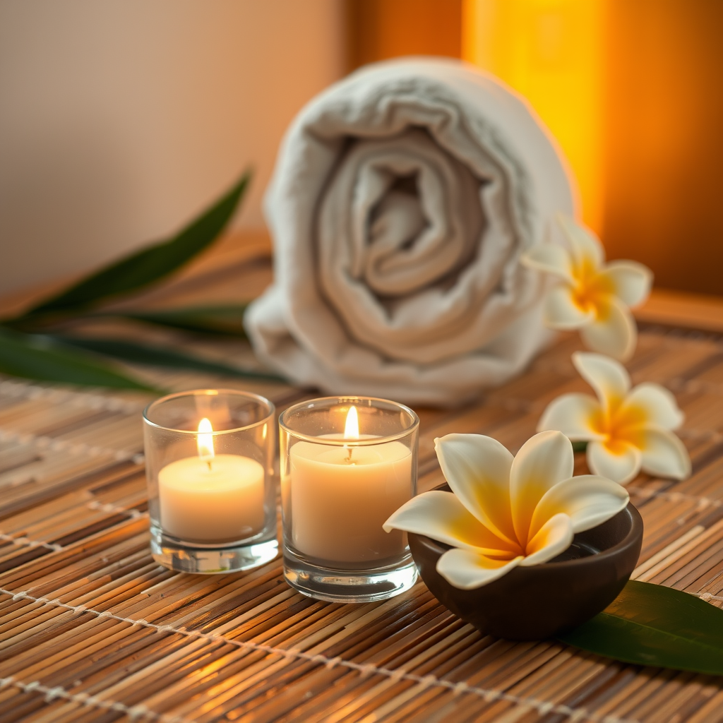 A peaceful spa setting with warm 3 glass case candlelight it's put firdt front ,aromatic bowls and 3 plumeria flower, on a bamboo mat.  A rolled towel in the background creates a cozy ambiance.  The scene is softly lit with warm tones