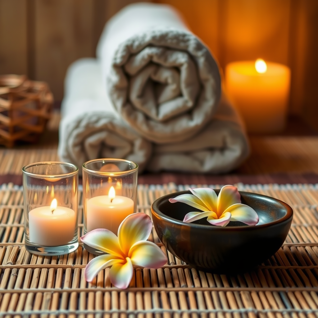 A peaceful spa setting with warm 3 glass case candlelight it's put firdt front ,aromatic bowls and 3 plumeria flower, on a bamboo mat.  A rolled towel in the background creates a cozy ambiance.  The scene is softly lit with warm tones