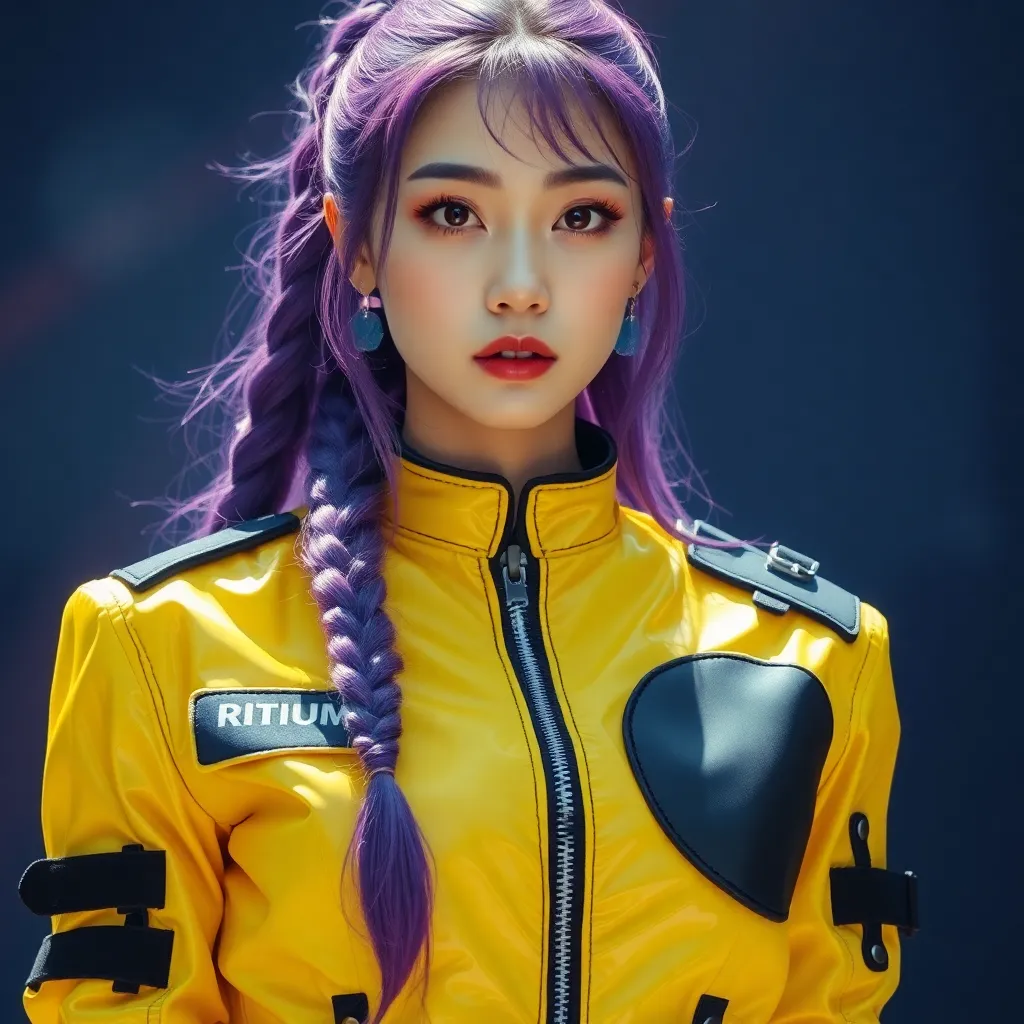 A realistic, cinematic photograph of a young Korean woman named Lumi, embodying an elegant leader and powerful vocalist with a restrained yet commanding presence, reflecting traditional Korean beauty on a dynamic stage background. She has angular facial f