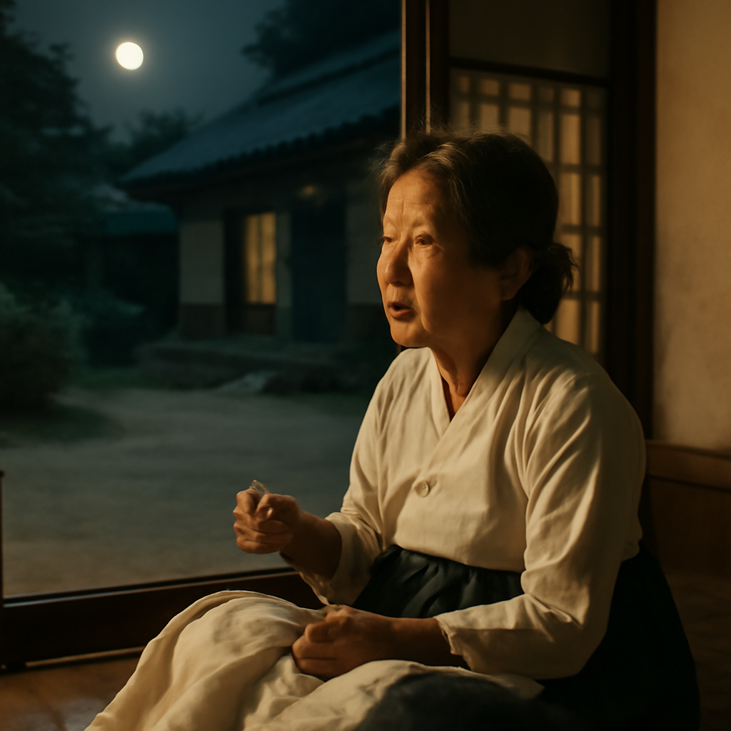 On a hot summer day, this movie-like photo shows warm rural Korea in the 1970s. A Korean mother in her 60s, wearing a simple hanbok, turned her head while sewing alone in her room on a summer night and looked sad as she saw the moon rising in her front ya
