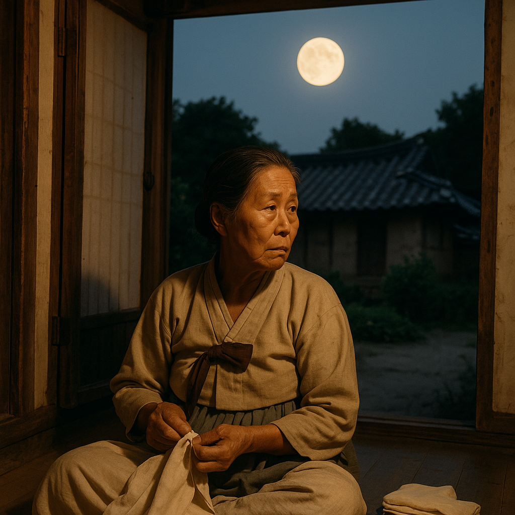 On a hot summer day, this movie-like photo shows warm rural Korea in the 1970s. A Korean mother in her 60s, wearing a simple hanbok, turned her head while sewing alone in her room on a summer night and looked sad as she saw the moon rising in her front ya