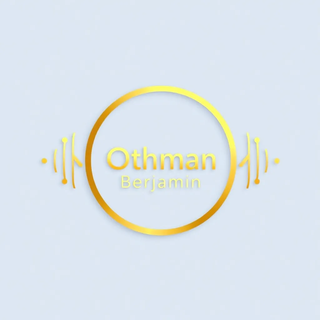 A modern and creative logo design featuring the name 'Othman Benjamin' in gold text, centered inside a circle. Surrounding the circle are dual wave-like shapes resembling neural synapses or brain waves, symbolizing intelligence and creativity. The backgro