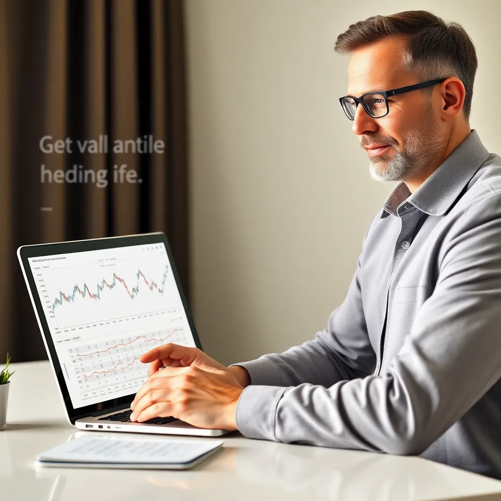 A realistic photo-style image depicting financial stability and risk management through derivatives hedging, showing a confident financial expert analyzing charts on a laptop with graphs representing price, exchange rate, and interest rate stabilization. 