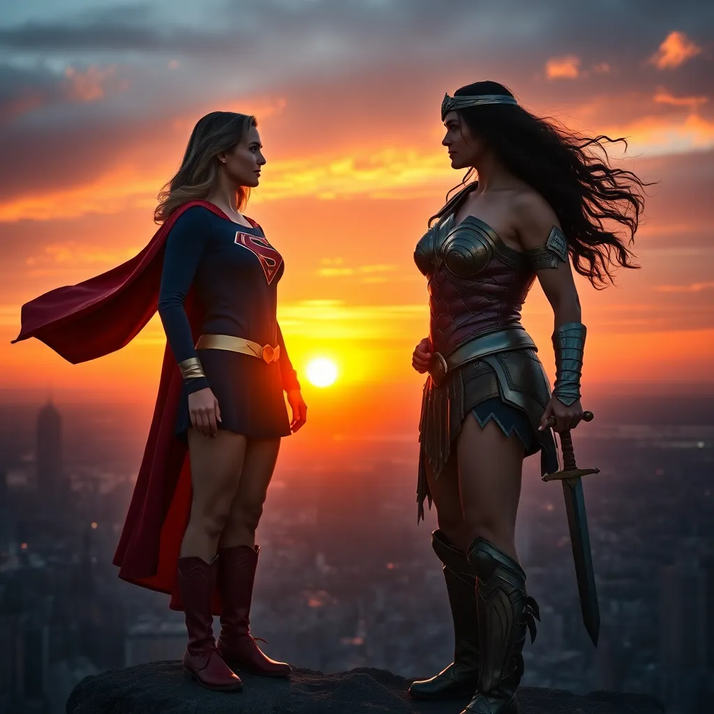 Supergirl and Wonder Woman stand on a high cliff at sunset, overlooking a vast city below. The sky glows with warm orange and purple hues. Supergirl wears her classic red-and-blue costume with her cape fluttering in the wind. Wonder Woman is in Amazonian 