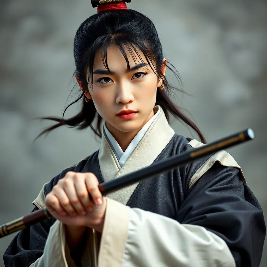 신조협려 2006의 주인공 유역비, 사실적인 스타일, 전통 무협 복장, 진지한 표정, 동양적 미모