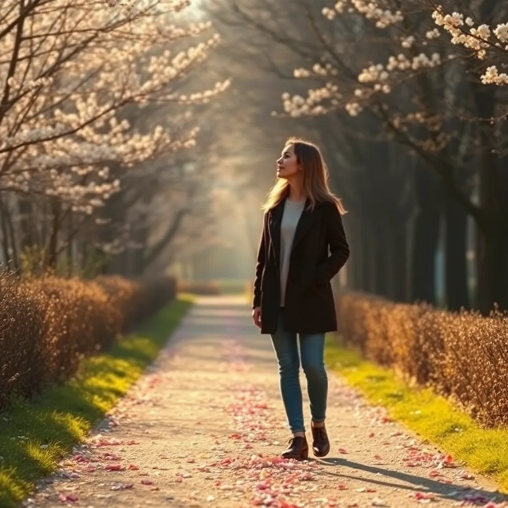 꽃잎이 흩날리는 길 위에서 서로를 바라보는 두 사람, 따뜻하고 아련한 감성, 부드러운 자연광, 봄날의 풍경