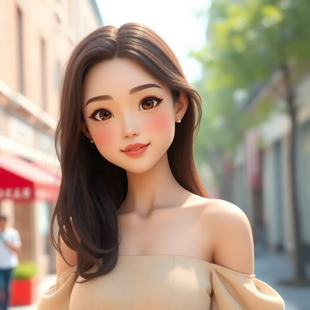 3D 스타일의 여성 캐릭터, 사진 속 인물을 바탕으로 한 리얼리스틱한 3D 모델, 자연스러운 표정과 머리카락, 베이지색 오프숄더 드레스 착용, 도시 배경, 밝고 청량한 분위기