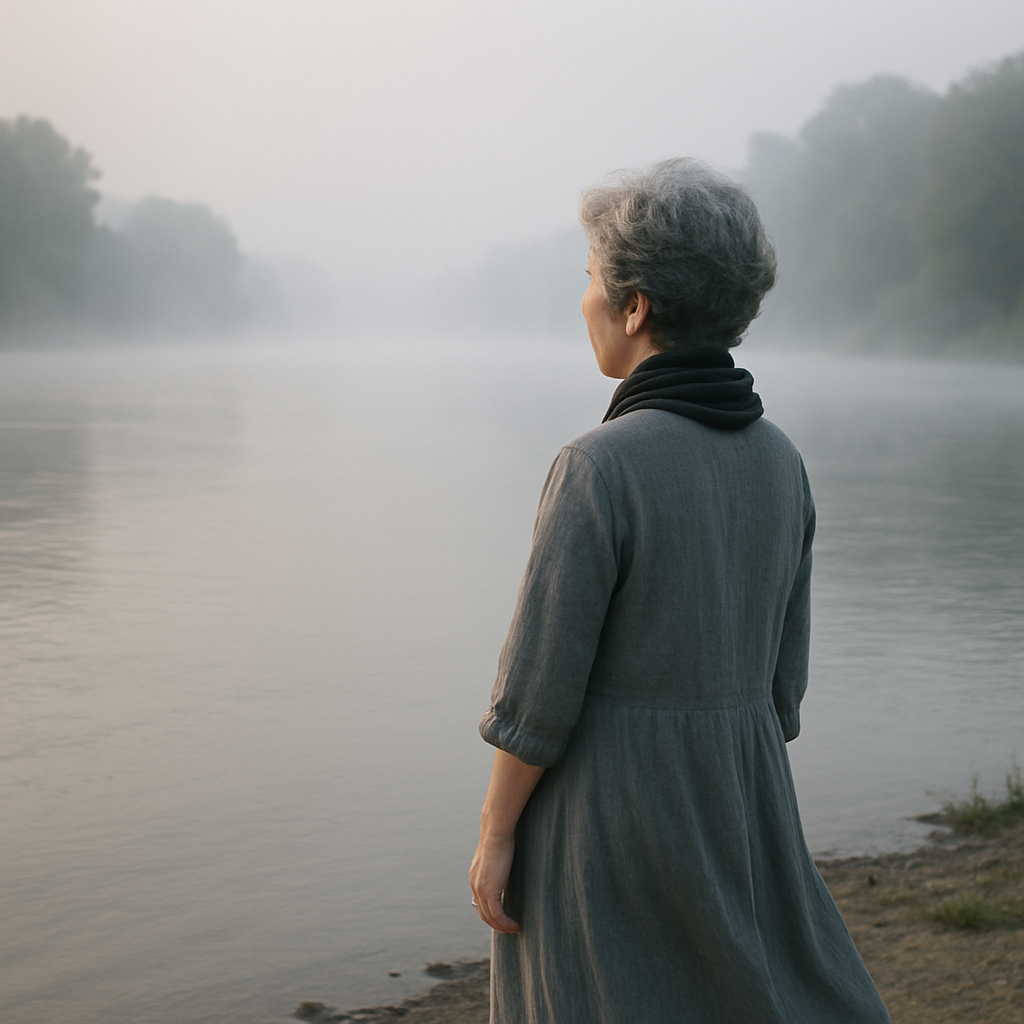 Foggy Morning on the banks of a wide river. Still, soft mist was filmed floating on the water. The calm flow of the river calms the mind. A Korean woman in her 70s standing in front of a river looking at the scenery. She has short, grayish wavy hair. The 
