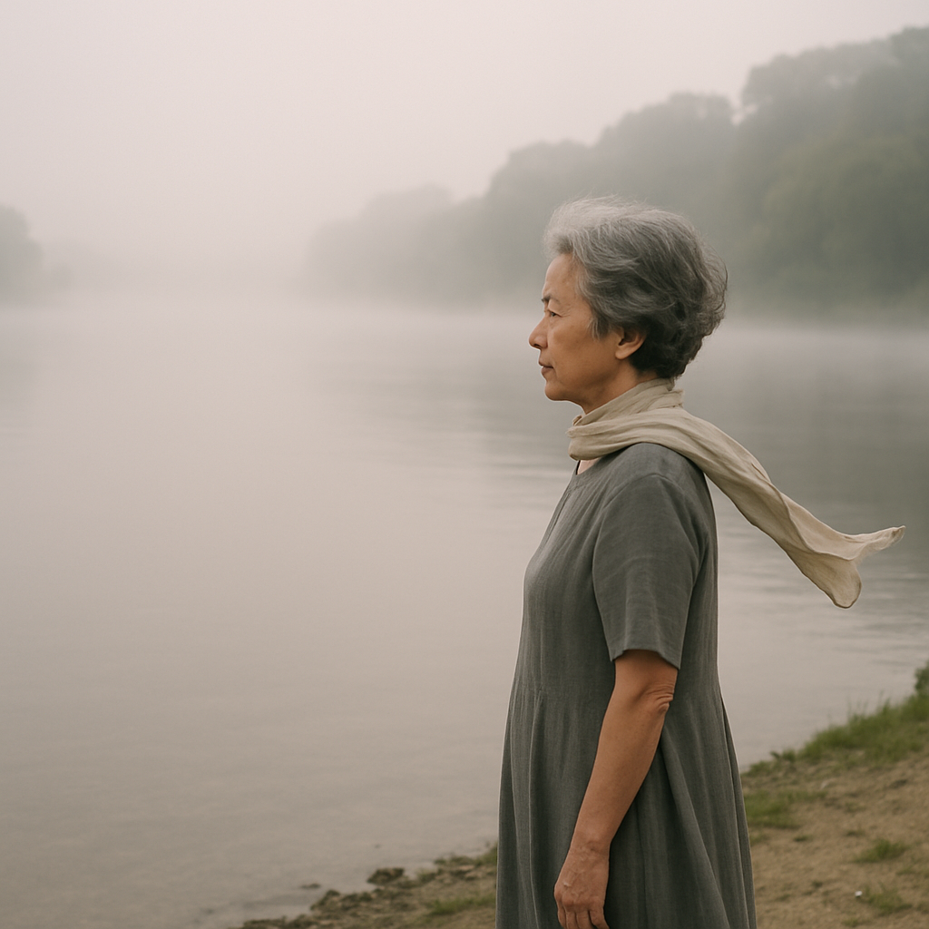 Foggy Morning on the banks of a wide river. Still, soft mist was filmed floating on the water. The calm flow of the river calms the mind. A Korean woman in her 70s standing in front of a river looking at the scenery. She has short, grayish wavy hair. The 