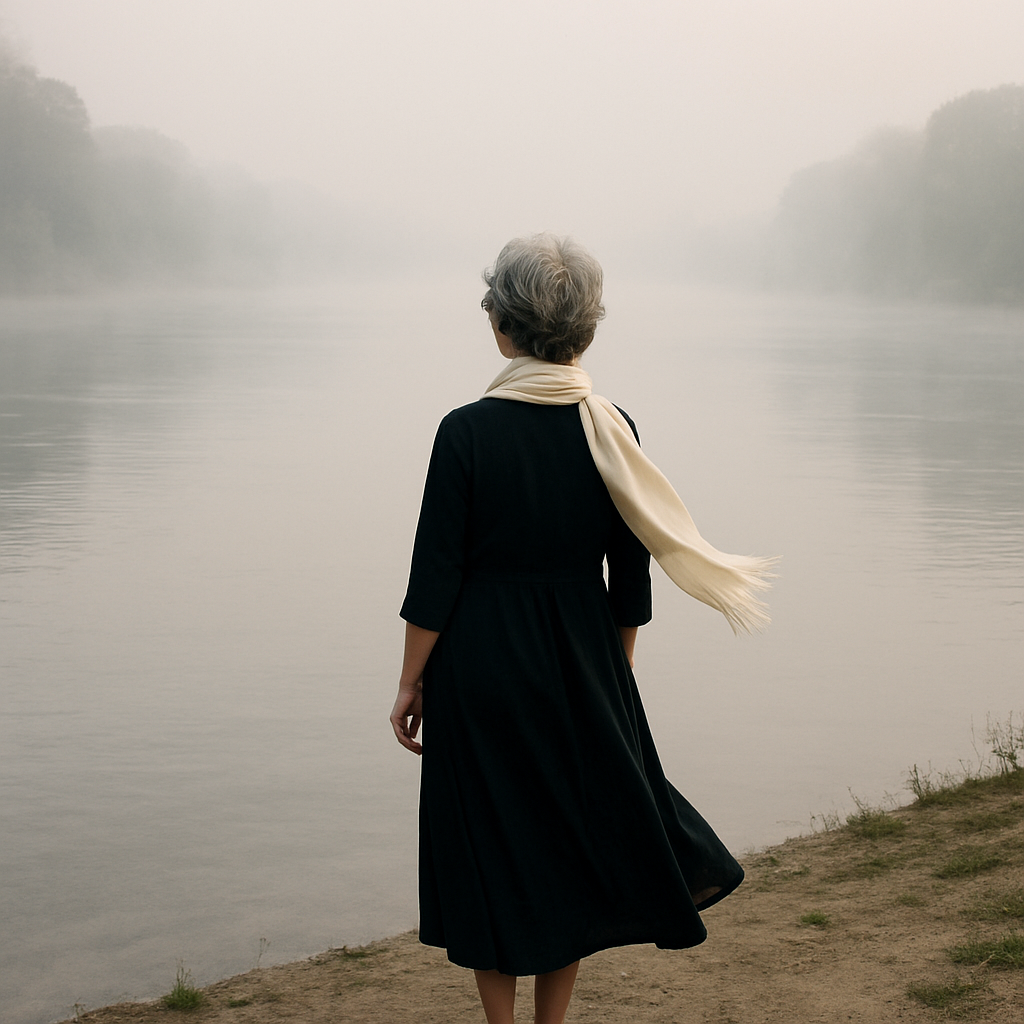 Foggy Morning on the banks of a wide river. Still, soft mist was filmed floating on the water. The calm flow of the river calms the mind. A Korean woman in her 70s standing in front of a river looking at the scenery. She has short, grayish wavy hair. The 
