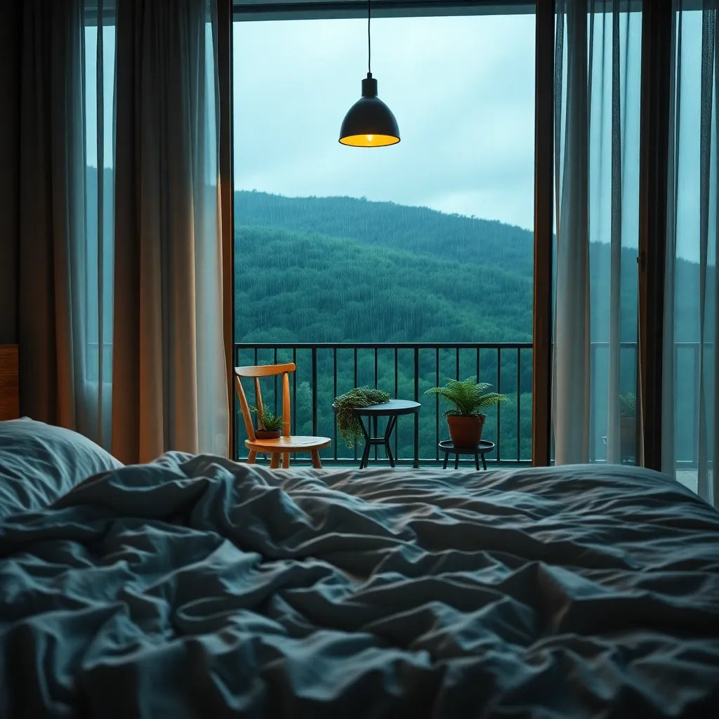 A cozy bedroom interior at dusk, viewed from the foot of a plush bed with soft rumpled linens. A large floor-to-ceiling window frames a gentle rain falling over a lush green hillside. On the balcony just outside, a wooden chair and small round table hold 