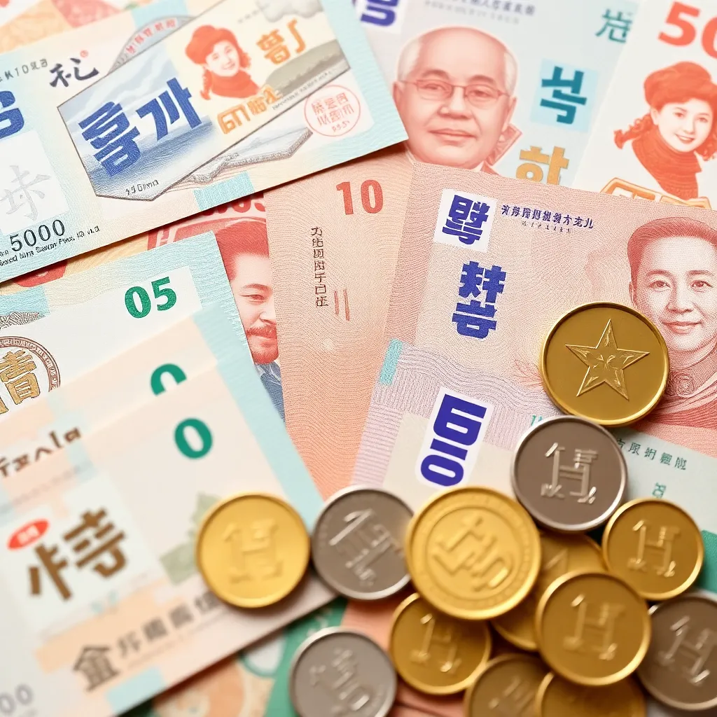 Realistic image of South Korean won banknotes and coins, crisp and detailed, suitable for a vibrant YouTube Shorts thumbnail, with bright and clear colors, focusing on various denominations of Korean currency spread out aesthetically