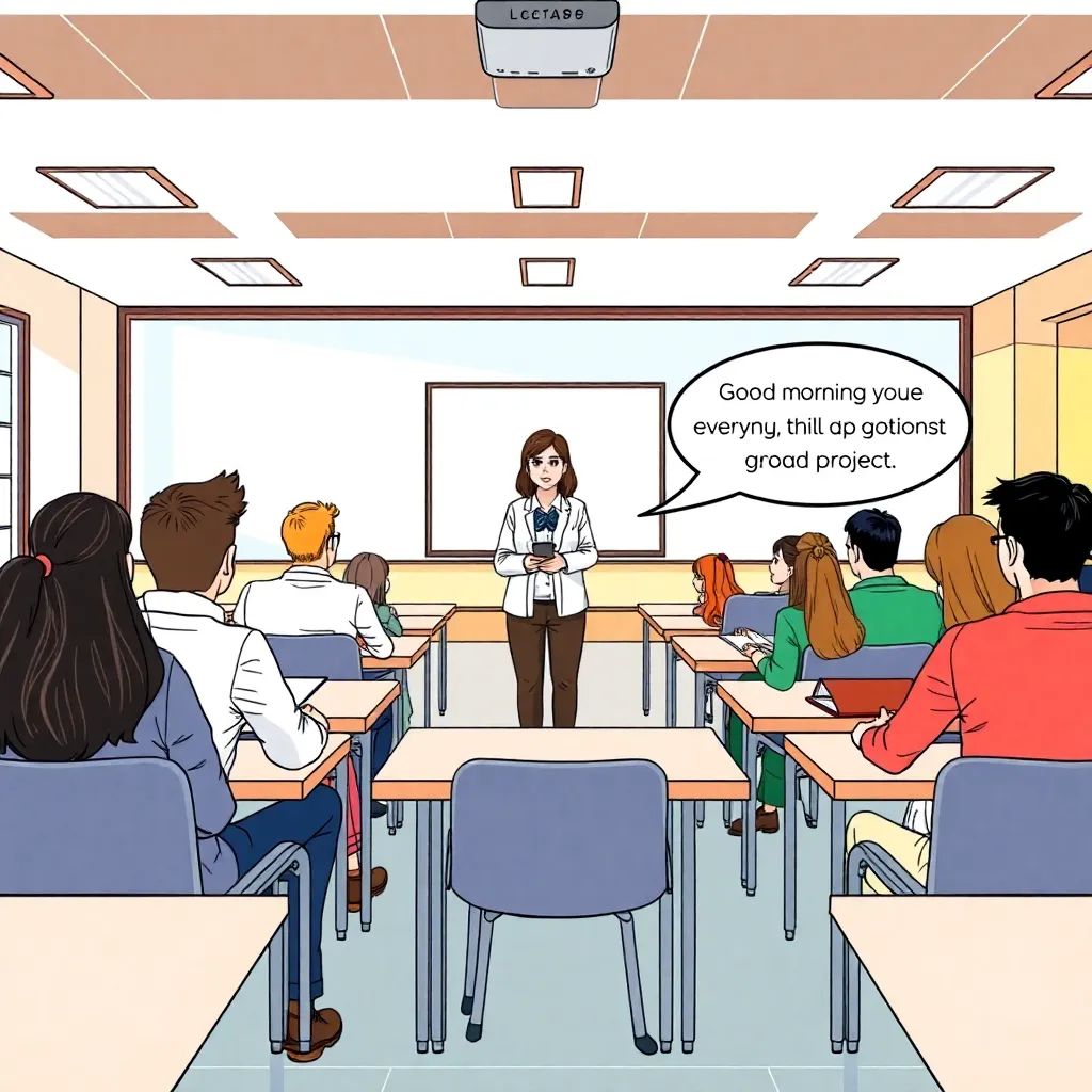 Manga-style wide shot of a university classroom with Lecturer Omary addressing diverse students seated at desks, bright modern setting, speech bubble: 'Good morning, everyone! Today, we’ll start our first group project. I’ll be assigning you into teams sh