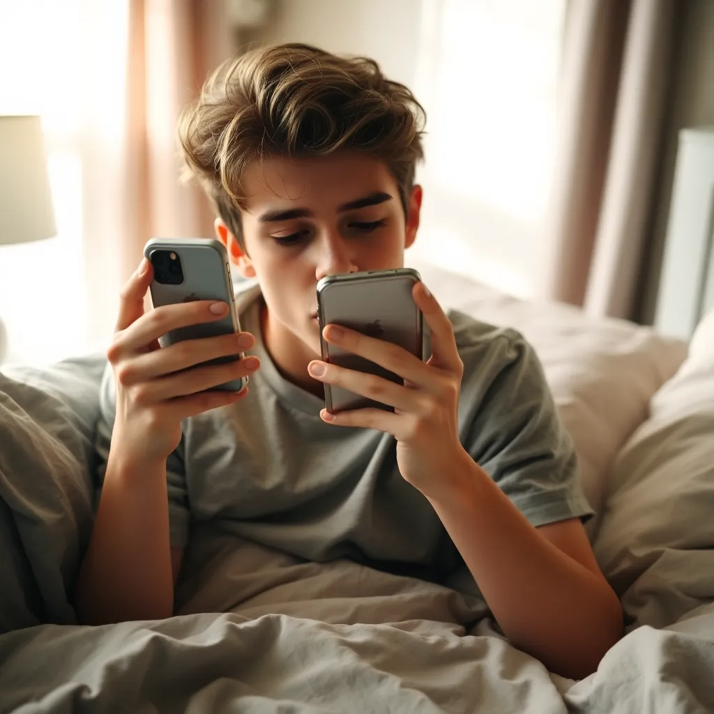 A teenage boy lying on his bed, holding a phone close to his lips and kissing it shyly, dreamy expression, soft lighting, cozy bedroom