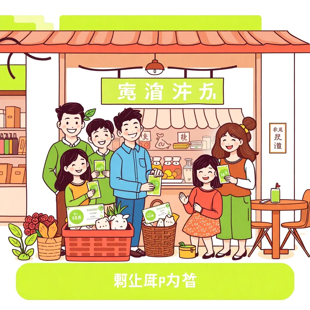 A vibrant, friendly illustration showing diverse people happily using their 민생회복 소비쿠폰 in various local shops like a traditional market, a small cafe, and a restaurant. The scene conveys a sense of community and economic vitality, with a warm, natural gree