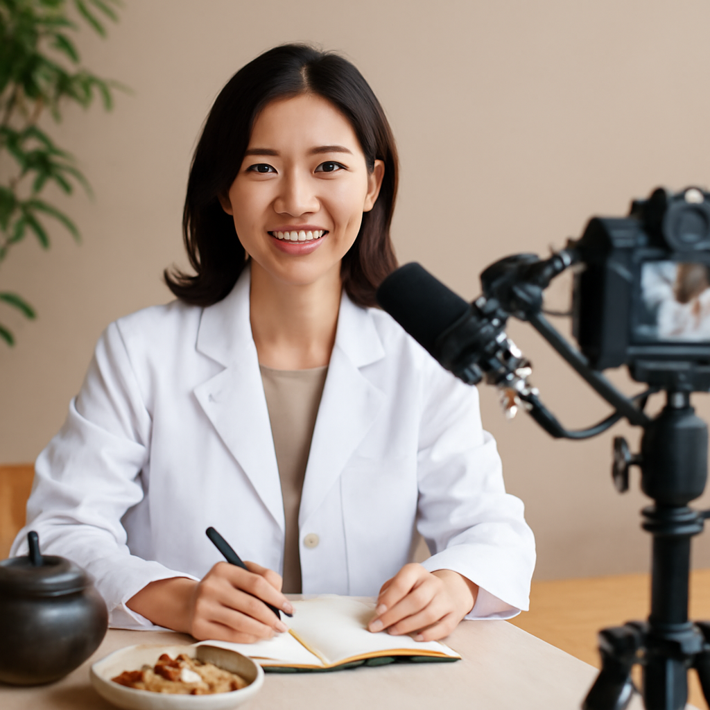 스튜디오에서 방송하는 미모의 40대 한국 여자 한의사