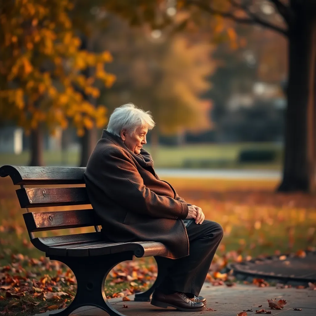 A realistic and emotional image of a lonely elderly person, sitting quietly on a park bench with soft warm lighting, gentle autumn colors in the background, conveying feelings of solitude but with a peaceful, tender atmosphere.