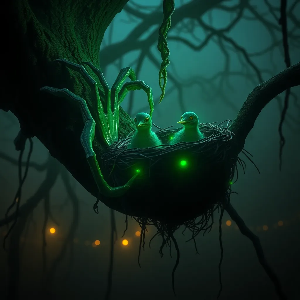 A hyper-realistic close-up of a horrifying latex-skinned creature reaching a small magpie nest high in an ancient, moss-covered tree in a dark, misty swamp forest at twilight. The creature has multiple segmented limbs with unnatural flexibility gripping t