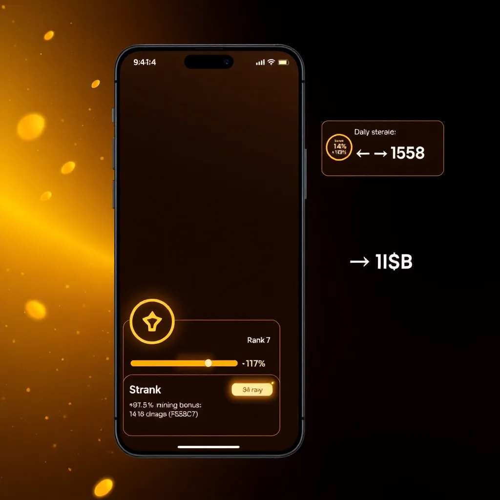 Mobile crypto mining app screen UI, 9:16 vertical ratio, rich gold background gradient (#FAF3E0 to #F5E8C7), soft gold particles floating, elegant golden shadows, premium fintech Web3 style UI, two additional sections: 1) Rank system card near bottom show