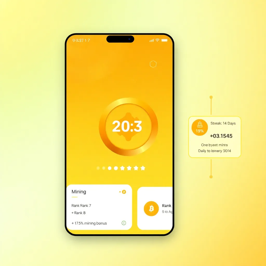 Mobile crypto mining app UI page, elegant gold theme, 9:16 vertical layout, soft golden gradient background (#FAF3E0 to #F5E8C7), sleek interface with central circular soft 3D mining button (40% width) featuring Bitwish logo (#B2B2FF) and countdown timer 