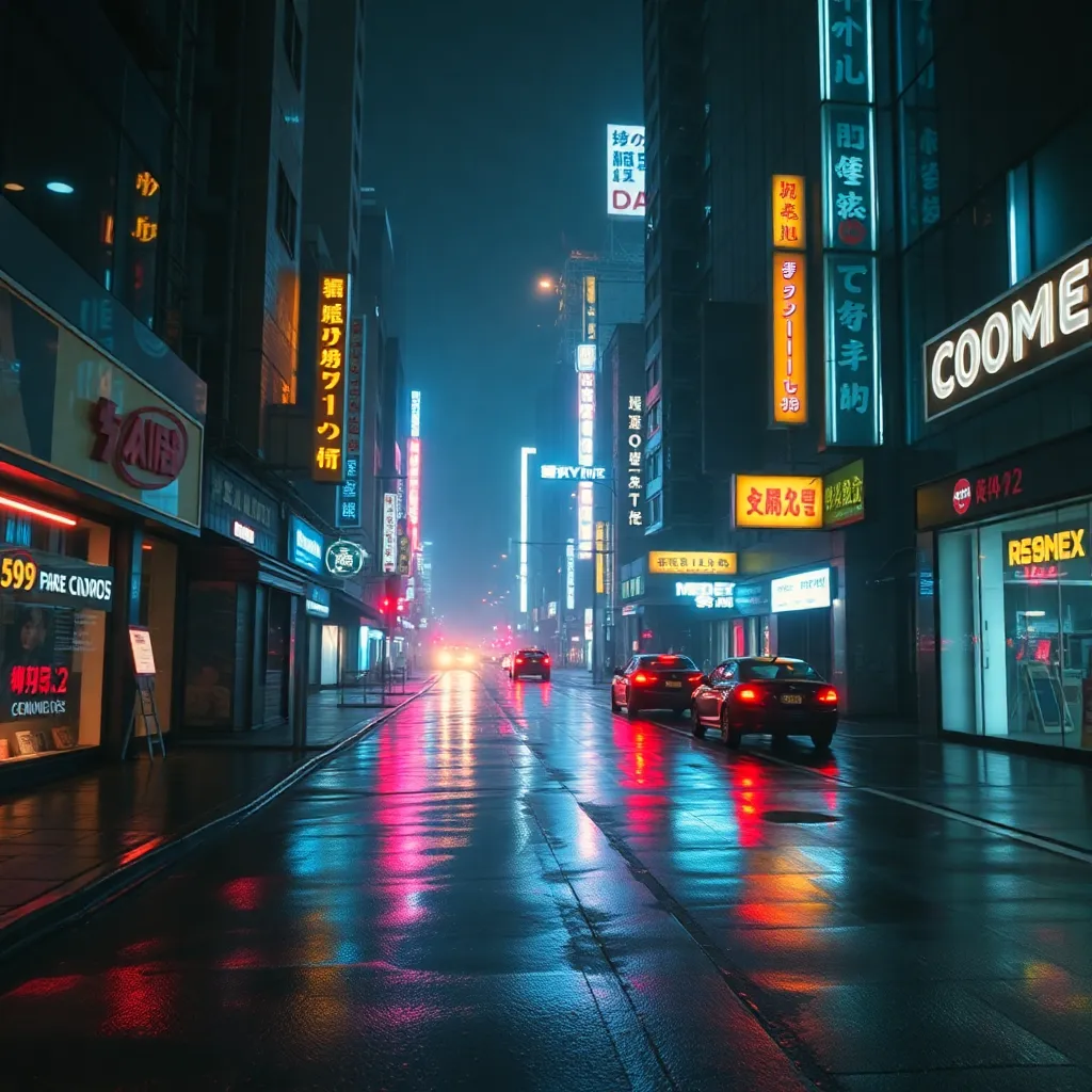 사이버펑크 도시의 밤 풍경, 젖은 거리 위에 네온사인이 반사되는 장면, 실사 스타일