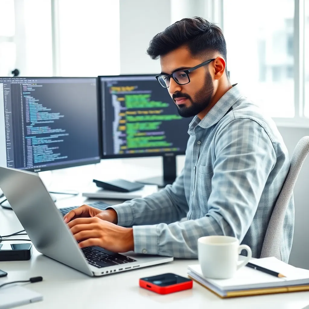 A photorealistic image of Manu Kaushal, a software engineer, working intently on a laptop with multiple monitors displaying lines of code and a development environment. The workspace is modern and professional, with tech gadgets, a coffee cup, and noteboo